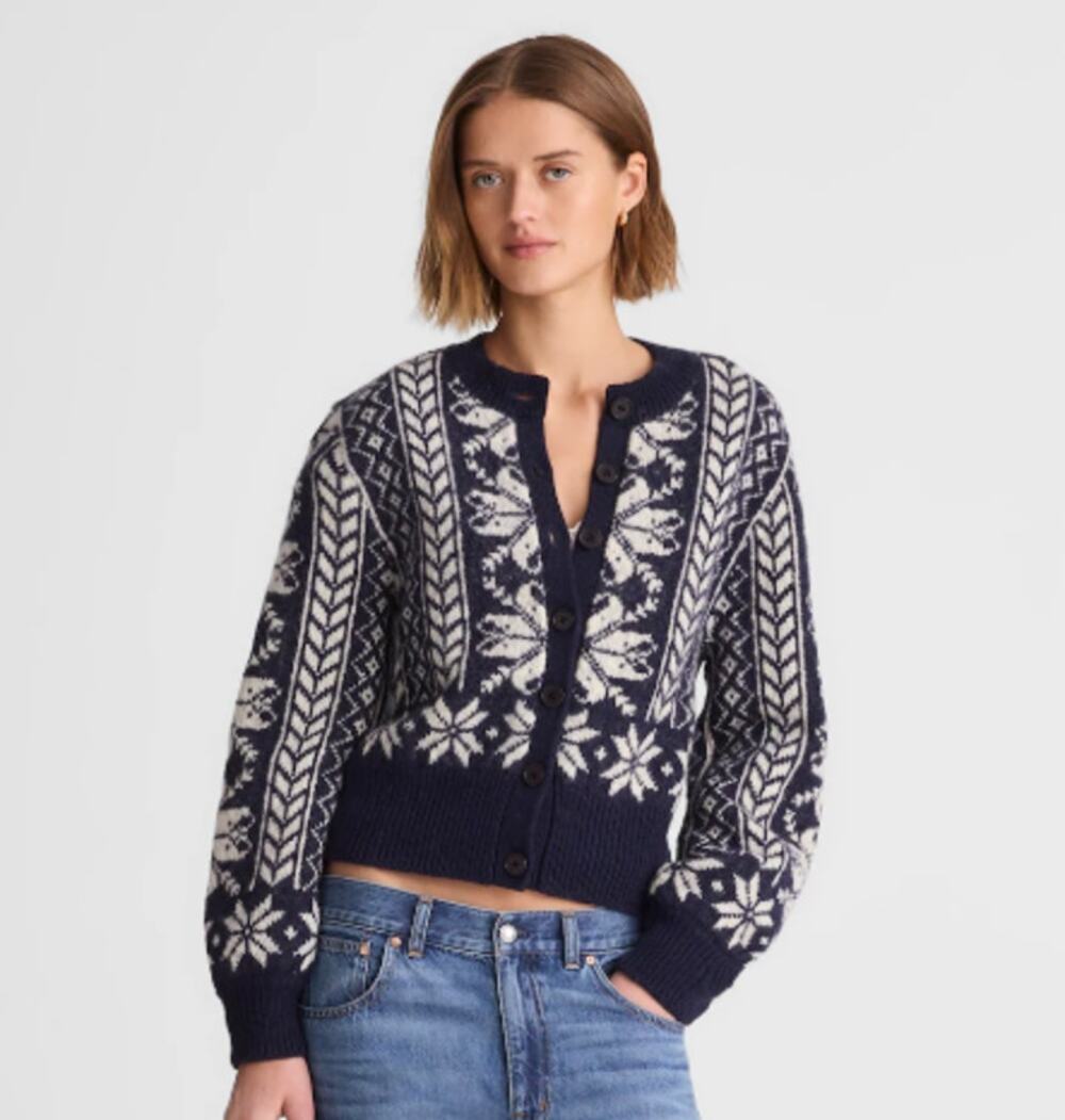 NWT Madewell Fair Isle Cardigan Jacket in Wool Navy Ivory Relaxed Crop Size XL